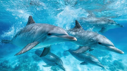 Naklejka premium Pod of Bottlenose Dolphins Swimming Gracefully in Tropical Waters, Marine Wildlife Photography