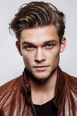 Obraz premium Portrait of a Man with Tousled Hair and Brown Leather Jacket