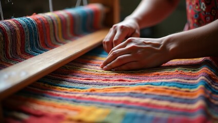 Artisan Hand Weaving Vibrant Multicolored Fabric – Traditional Textile Craftwork Close-Up