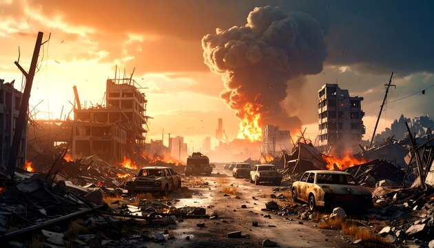 War-torn city at sunset - Powered by Adobe