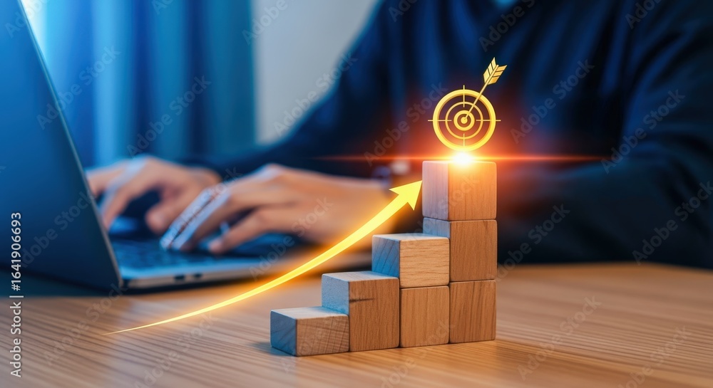 Poster achieving goals: conceptual image of wooden blocks forming steps toward a target, man typing on lapt