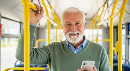 Happy senior man using smartphone on public transportation
