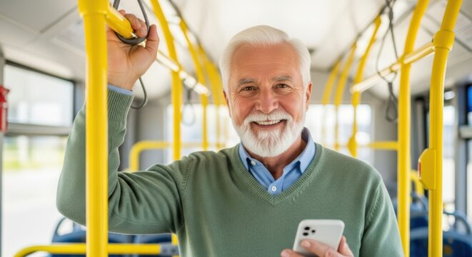Happy senior man using smartphone on public transportation