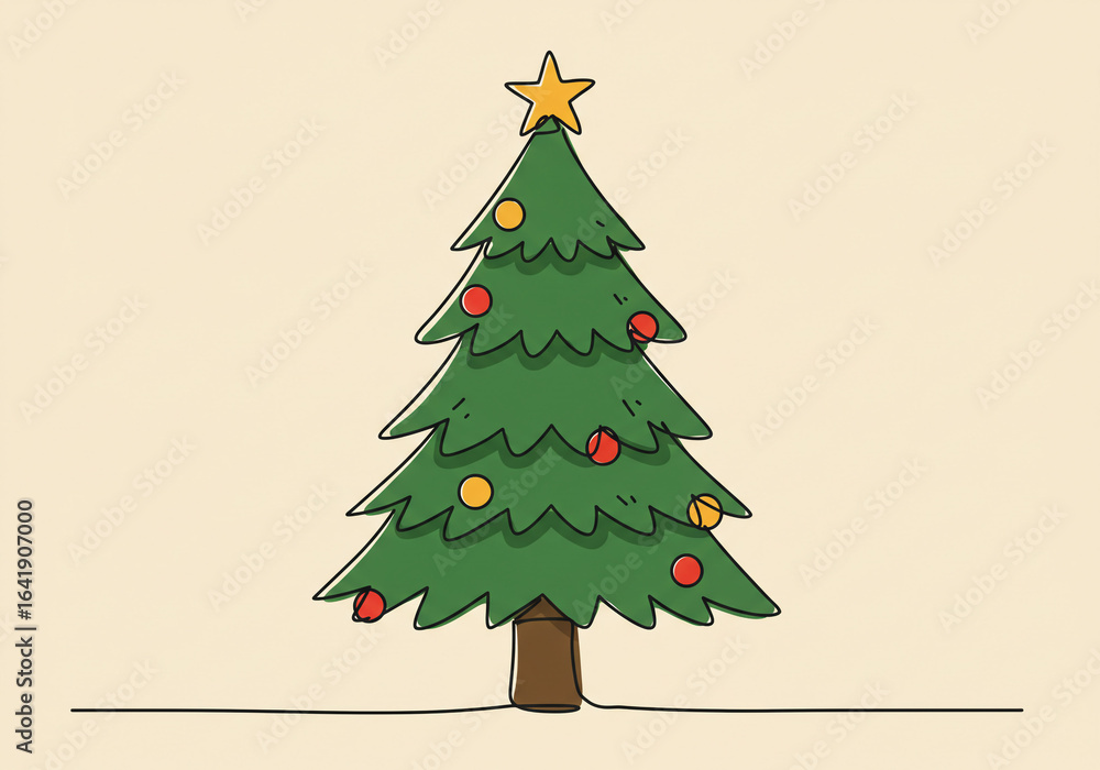 Poster a cartoon christmas tree with a star on top and ornaments on a beige background with a line on the b