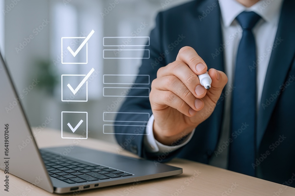 Poster businessman completing digital checklist with checkmarks on transparent screen using stylus near lap