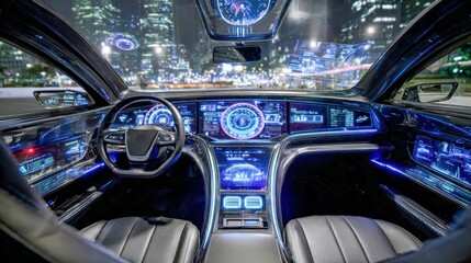 Futuristic Autonomous Car Interior at Night with Digital Display and Cityscape View
