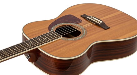 Fototapeta premium Detailed close-up of a classic wooden acoustic guitar with six strings on a white background