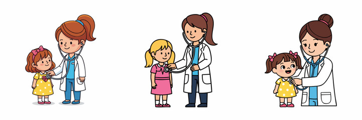 Cartoon Illustration Doctor Examining Little Girl with Stethoscope Healthcare Concept