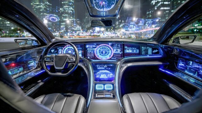 Futuristic Autonomous Car Interior at Night with Digital Display and Cityscape View