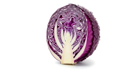 A fresh red cabbage cut in half showing the intricate cross-section isolated on a white background.