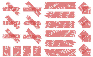 Set of semi-transparent washi tapes with pattern isolated on white. Tapes collection in vector. Pieces of decorative tape for scrapbooks. Torn paper. Autumn, summer. Valentine's Day. Red color
