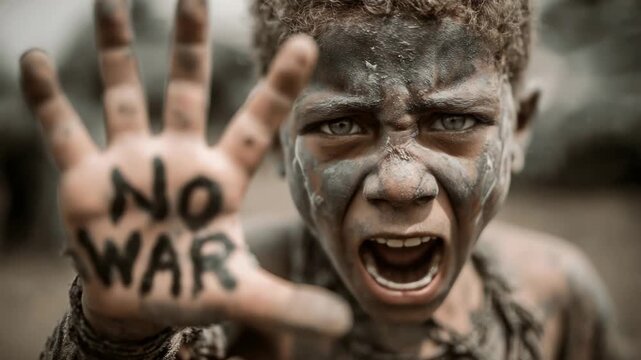 Child with painted face shouting, hand marked with NO WAR, photographed outdoors, expressing strong anti-war protest and emotional defiance