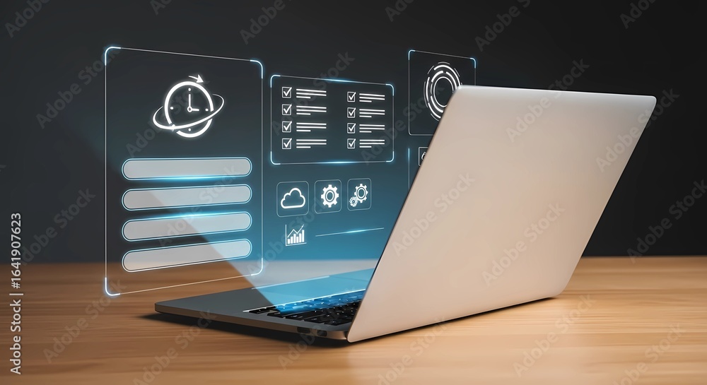 Poster futuristic generative ai interface on a modern laptop display.