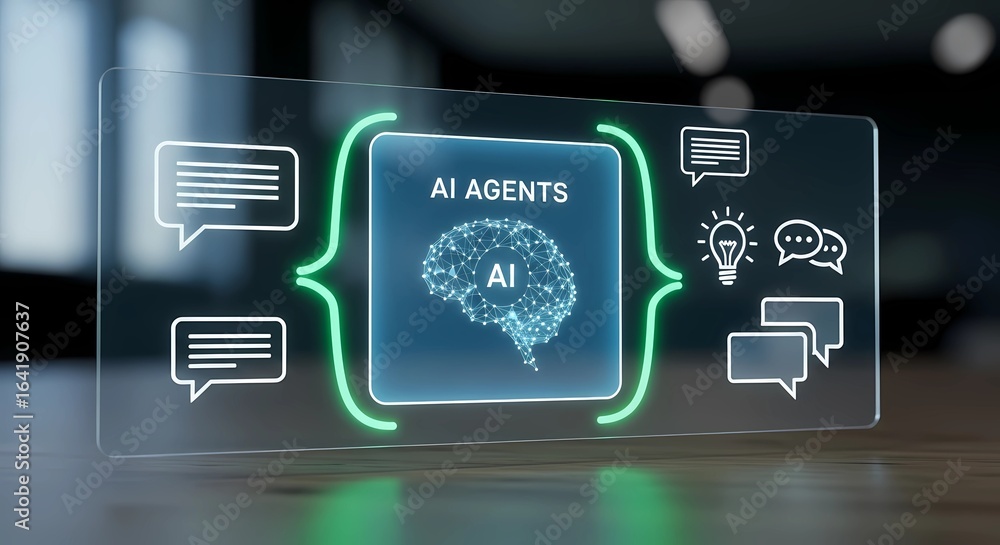 Poster futuristic generative ai agents on a smart glass interface.