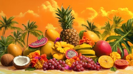 Tropical fruit bounty at sunset beach