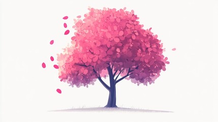 Obraz premium Pink tree, leaves falling, white background, spring illustration