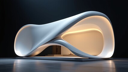 Obraz premium bold unique shape museum, large exhibition gallery space, architectural form, dark gradient background, creative component design, elegant architectural visualization, powerful cultural space
