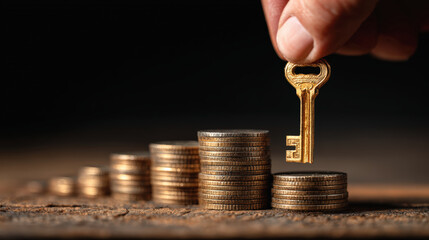 Closeup of hand holding golden key above stack of coins, symbolizing wealth and opportunity