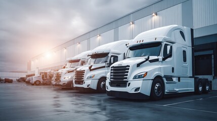 Fleet of Semi-Trucks Awaiting Cargo at Loading Dock, Modern Transportation and Logistics Services