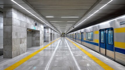 Modern Subway Station Platform with Train, Clean Interior Design, and Bright Lighting in Urban Setting