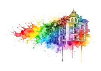 Colorful City Building Watercolor - Vibrant watercolor painting of a multi-story building with rainbow splashes. Ideal for real estate, urban, or artistic projects
