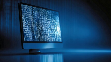 Computer screen displaying binary code in blue light, a concept of technology, programming and data processing