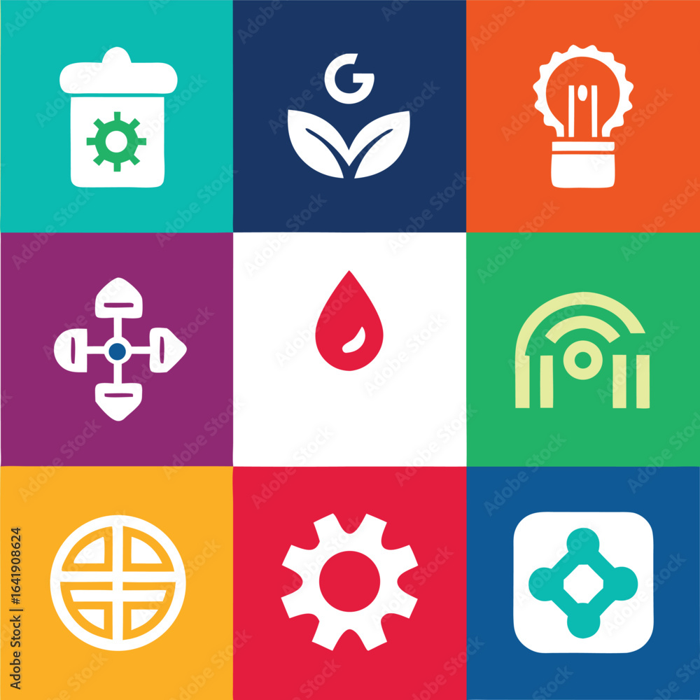 Poster nine icon set representing diverse concepts on colorful square backgrounds