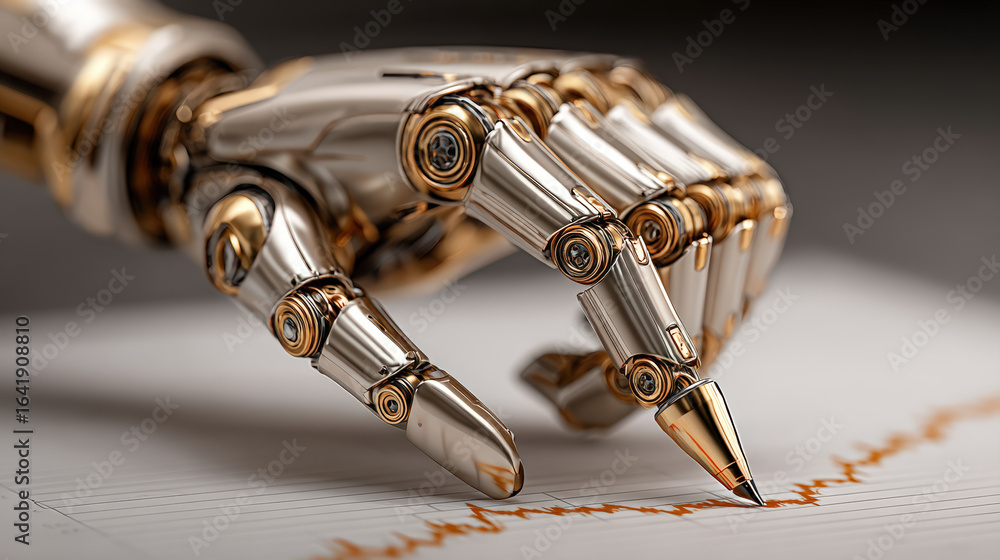 Aufkleber robotic hand elegantly holds pen, poised to write on sheet of paper with graph, symbolizing intersec