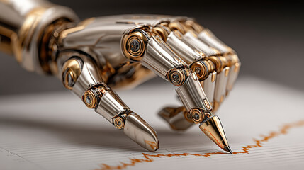 Naklejka premium Robotic hand elegantly holds pen, poised to write on sheet of paper with graph, symbolizing intersection of technology and data analysis