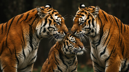 Naklejka premium Three tigers interacting in a dark forest setting. Close-up portrait of three Bengal tigers touching noses. Wildlife conservation concept.