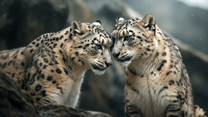 Two snow leopards facing each other in a dark environment. Close-up portrait of two majestic cats interacting.