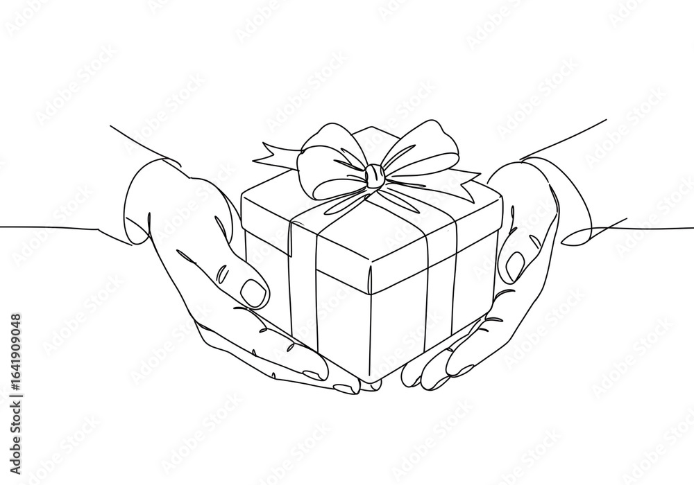 Poster a continuous line drawing of hands holding a gift box with a bow on top in a minimalist style