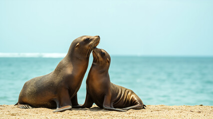 Fototapeta premium Two sea lions touching noses on sandy beach. Close up of two playful pinnipeds interacting by the ocean. Copy space for text