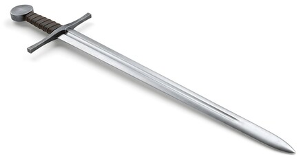 A realistic medieval longsword with a steel blade and hilt, isolated on a white background
