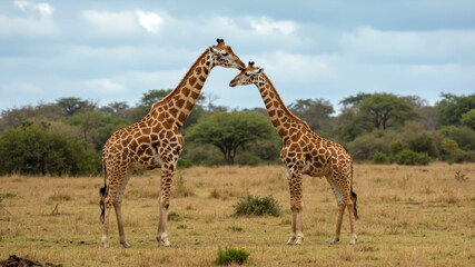 Obraz premium Two giraffes greeting each other in a savanna landscape. Wildlife interaction on the African plains.
