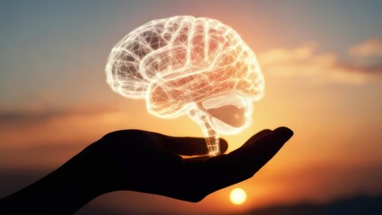 Hand holding a glowing brain at sunset