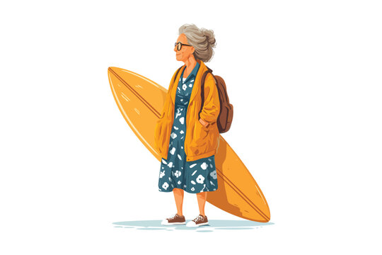 Old woman standing with surfboard isolated