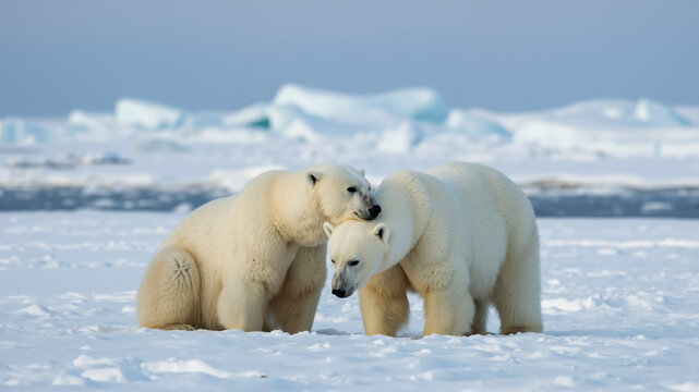 Two polar bears interacting on Arctic ice floe. Two white polar bears nuzzling each other in a snowy arctic landscape.
