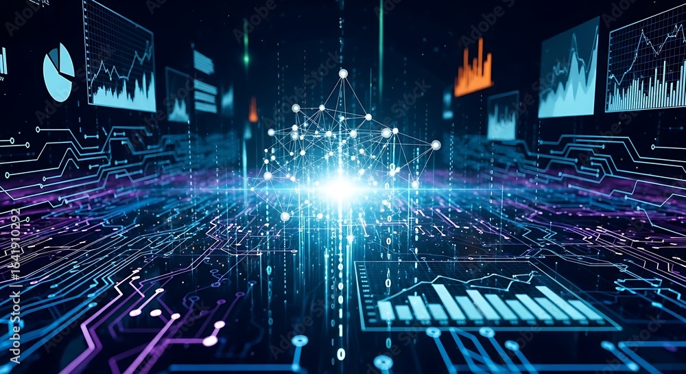 Poster abstract data visualization with glowing network and circuit board elements in blue and purple hues