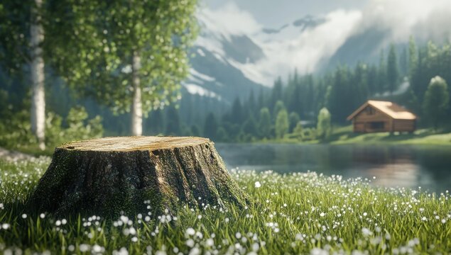 Serene Mountain Lake Landscape: Tree Stump in Alpine Meadow