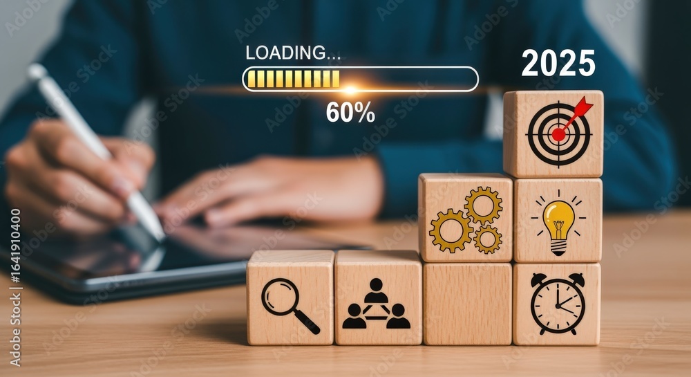 Poster 2025 Business Strategy and Goal Setting Conceptual Image with Wooden Blocks and Loading Progress