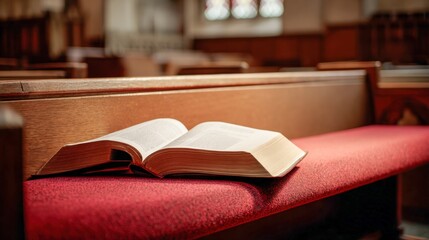 Open Book on a Wooden Church Pew with Red Cushion: Faith, Religion, and Spirituality