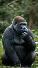 Thinking gorilla with hand on chin. A pensive silverback ape sitting in the grass.