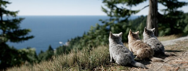 Three realistic gray wolf cubs sit on a grassy hillside, intently watching for prey while bathed in soft sunlight and vibrant colors