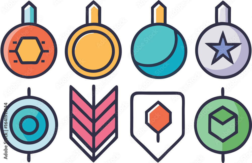 Poster vector illustration set of colorful flat icon pins with various abstract shapes