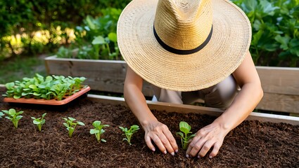 A woman with a sun hat is gardening in a beautiful summer field of flowers