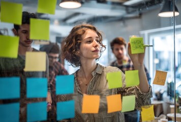 A woman is writing on a board with a green and yellow sticker