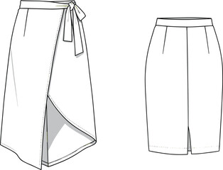 Wrap skirt with tie closure, pencil skirt with front slit, fashion flat sketch, clothing vector, apparel design, cad drawing illustration