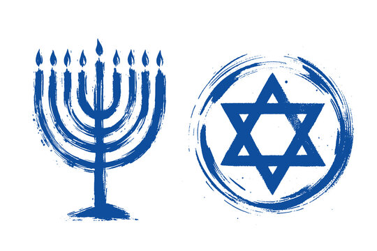 Menorah and Star of David brushstroke silhouette blue vector illustration