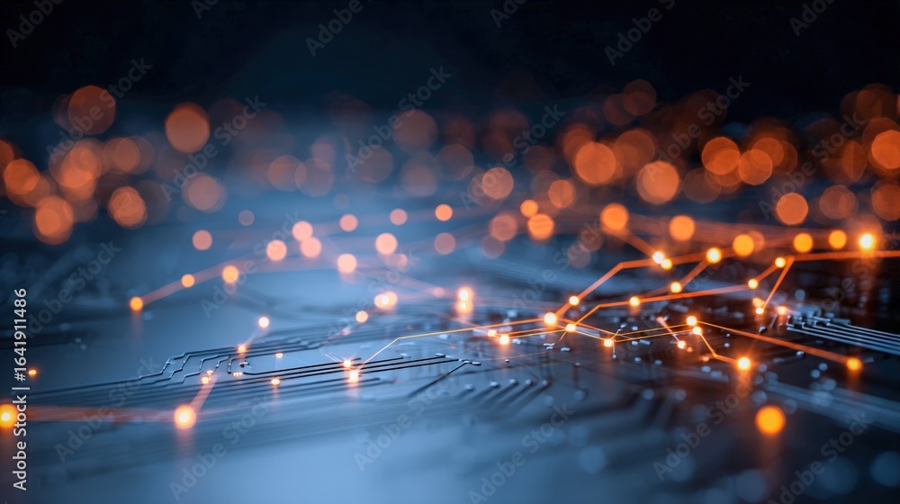 Poster abstract futuristic technology background with glowing circuit board connections and bokeh effects f
